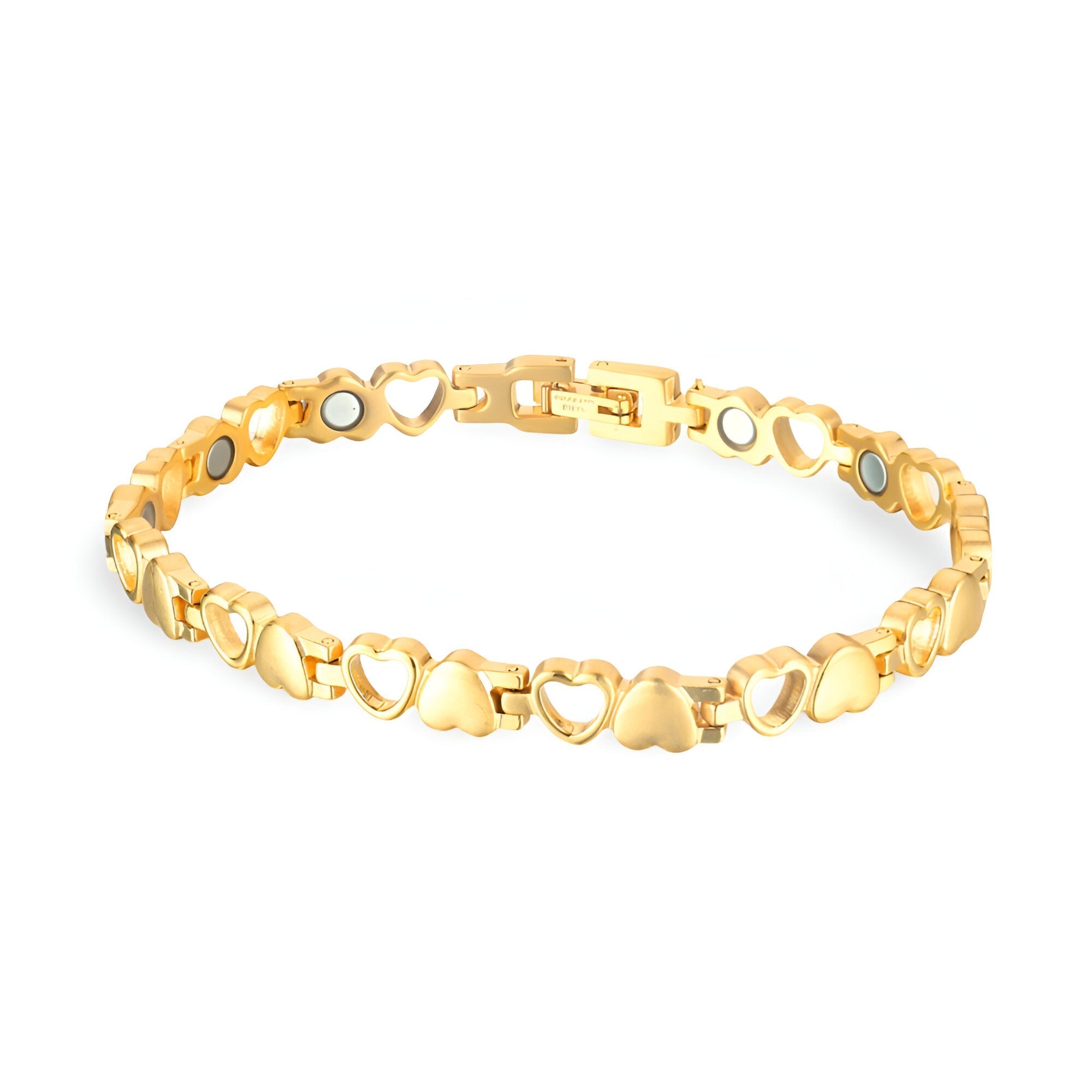 Bracelet magnétique en titane doré avec maillons cœurs pleins et ajourés pour femme.