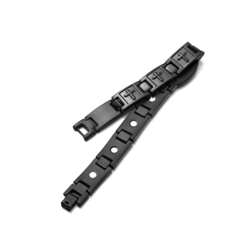 Bracelet magnétique homme en titane noir avec croix chrétiennes gravées, modèle Vedis.