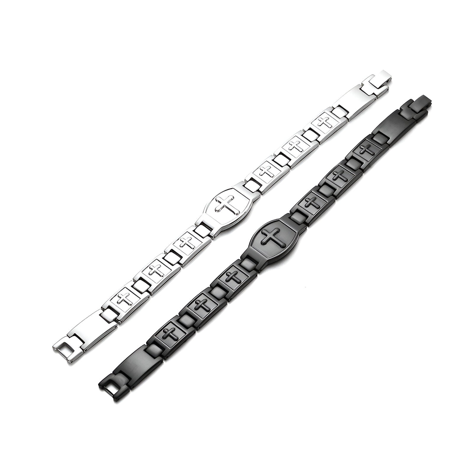 Bracelet magnétique en titane pour homme, modèle Vedis, croix chrétienne, finition argent et noir.