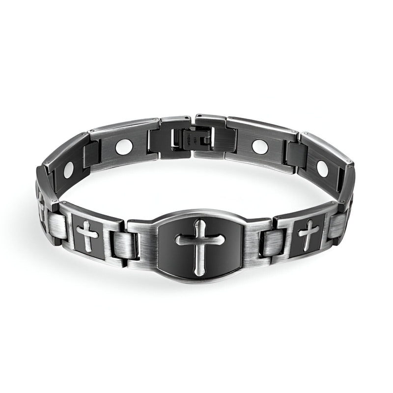 Bracelet magnétique en titane noir et argent avec croix chrétienne pour homme, modèle Vedis.