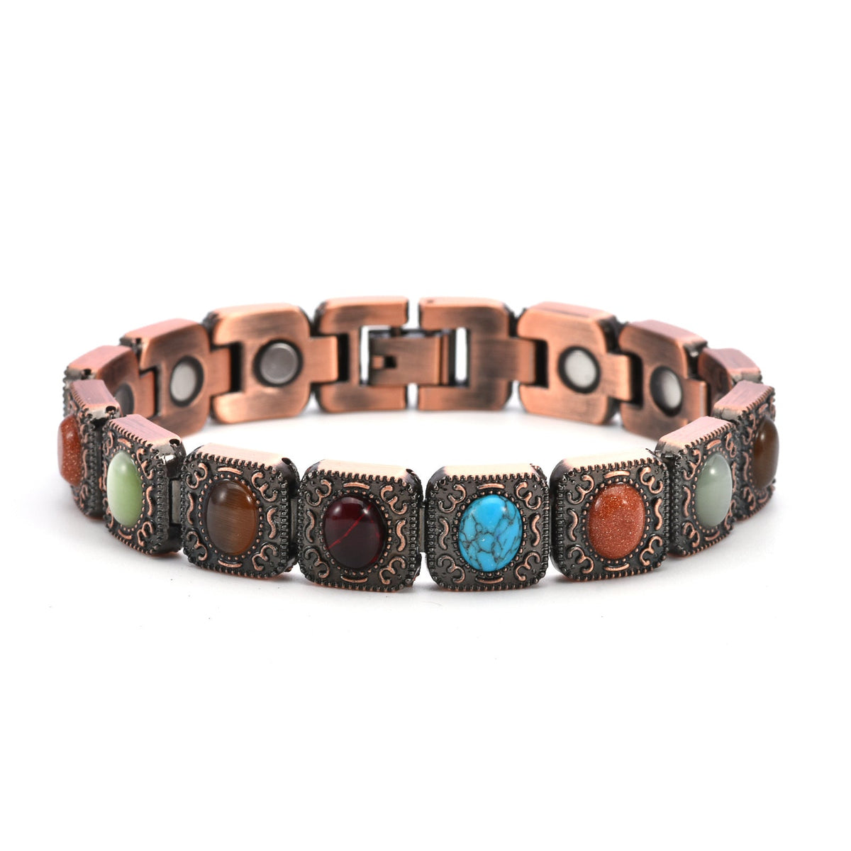 Bracelet en cuivre à larges maillons ornés de pierres naturelles colorées serties dans des cadres texturés noirs.