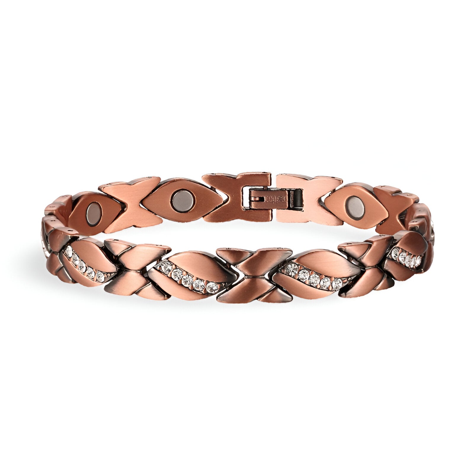 Bracelet en cuivre bronze pour femme avec maillons en forme de X ornés de cristaux et aimants intégrés.