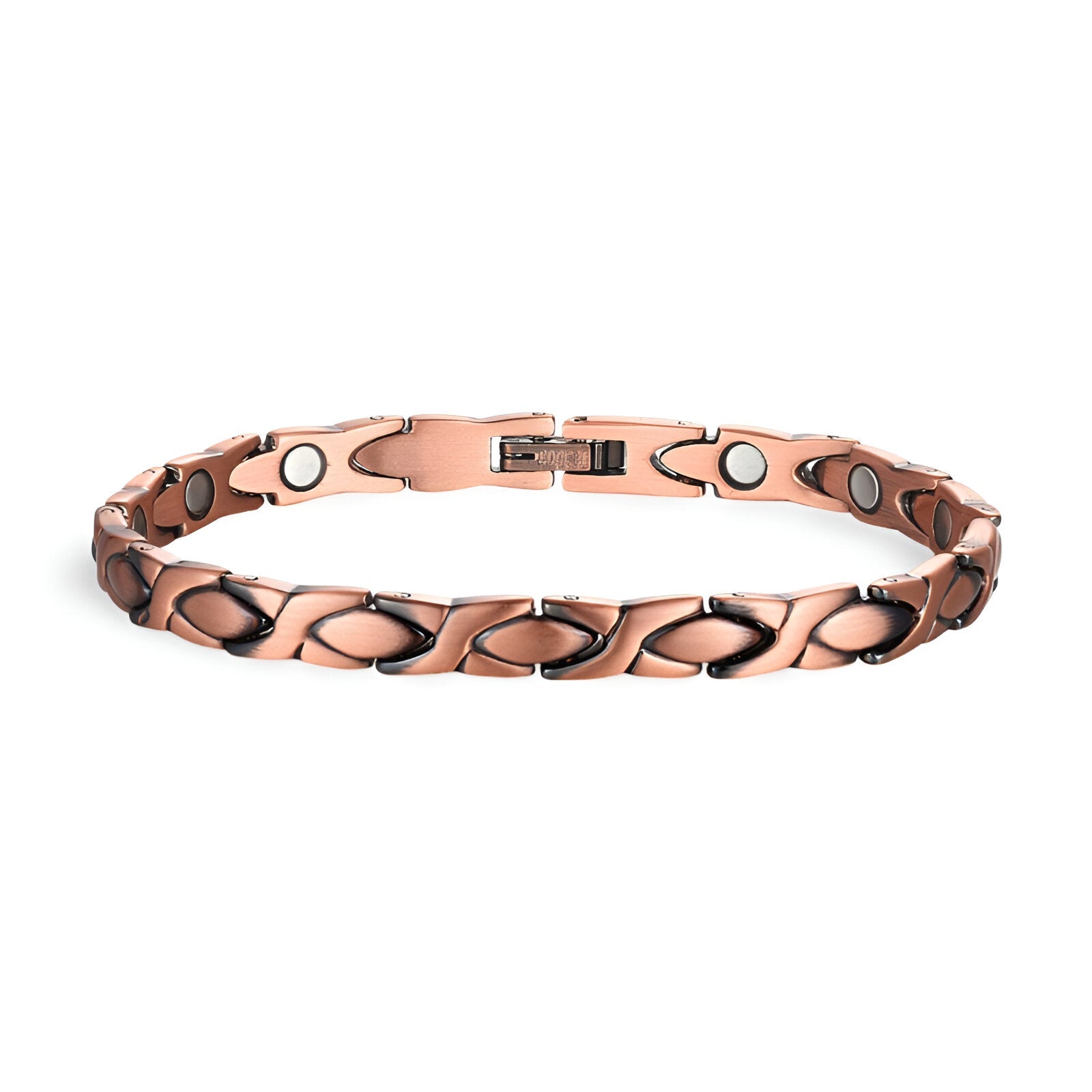 Bracelet magnétique femme en cuivre bronze avec maillons incurvés et fermoir métallique fin.