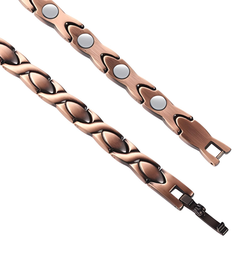 Bracelet magnétique bronze en cuivre pour femme, design ondulé avec aimants ronds visibles.