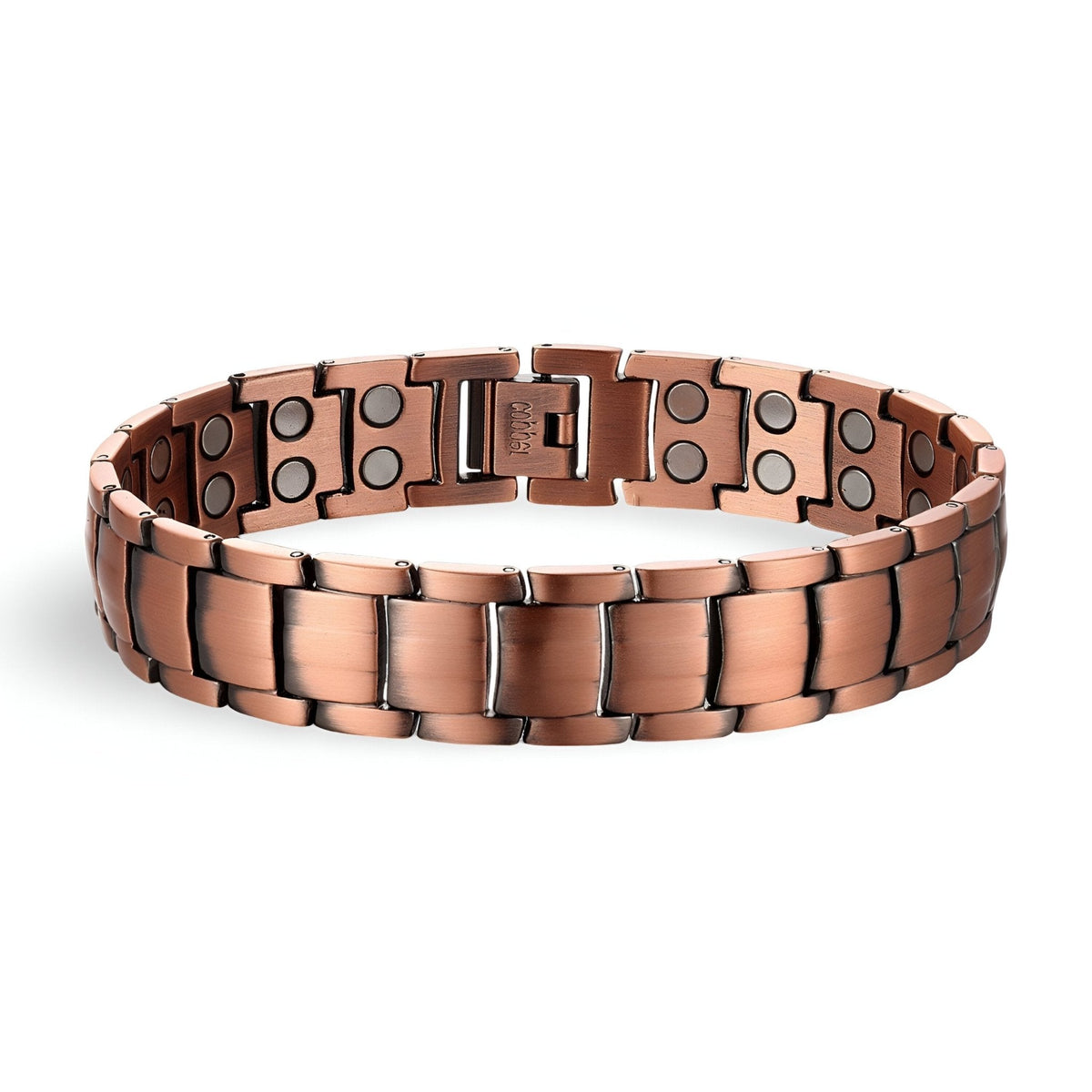 Bracelet magnétique en cuivre couleur bronze avec maillons larges et aimants noirs visibles.