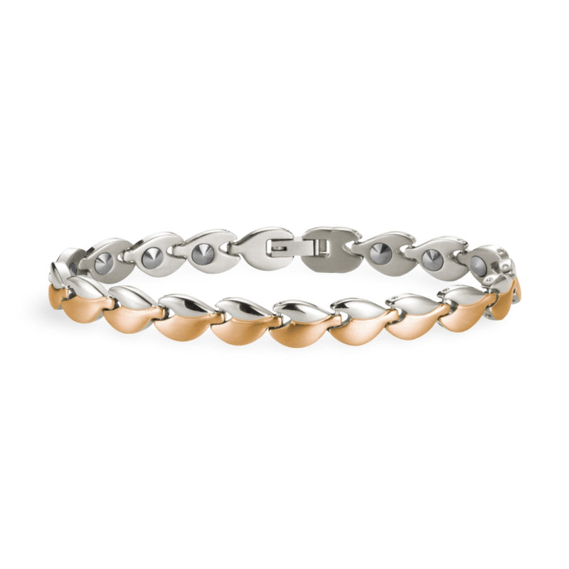 Bracelet magnétique femme Astrid en argent et or rose avec maillons ovales lisses.