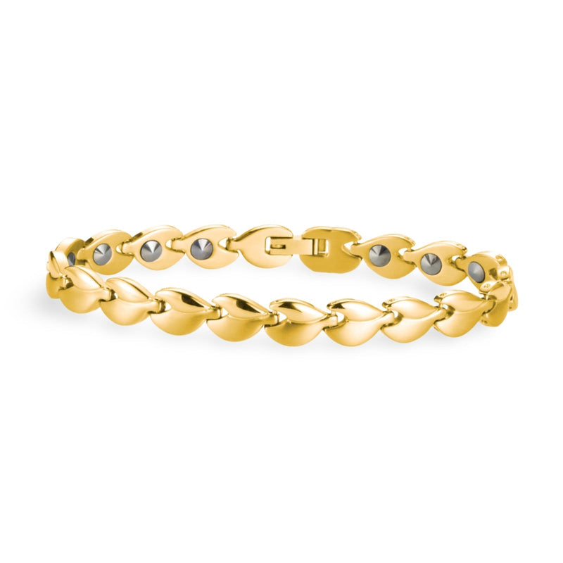 Bracelet magnétique femme en germanium doré, maillons incurvés et fermoir discret.