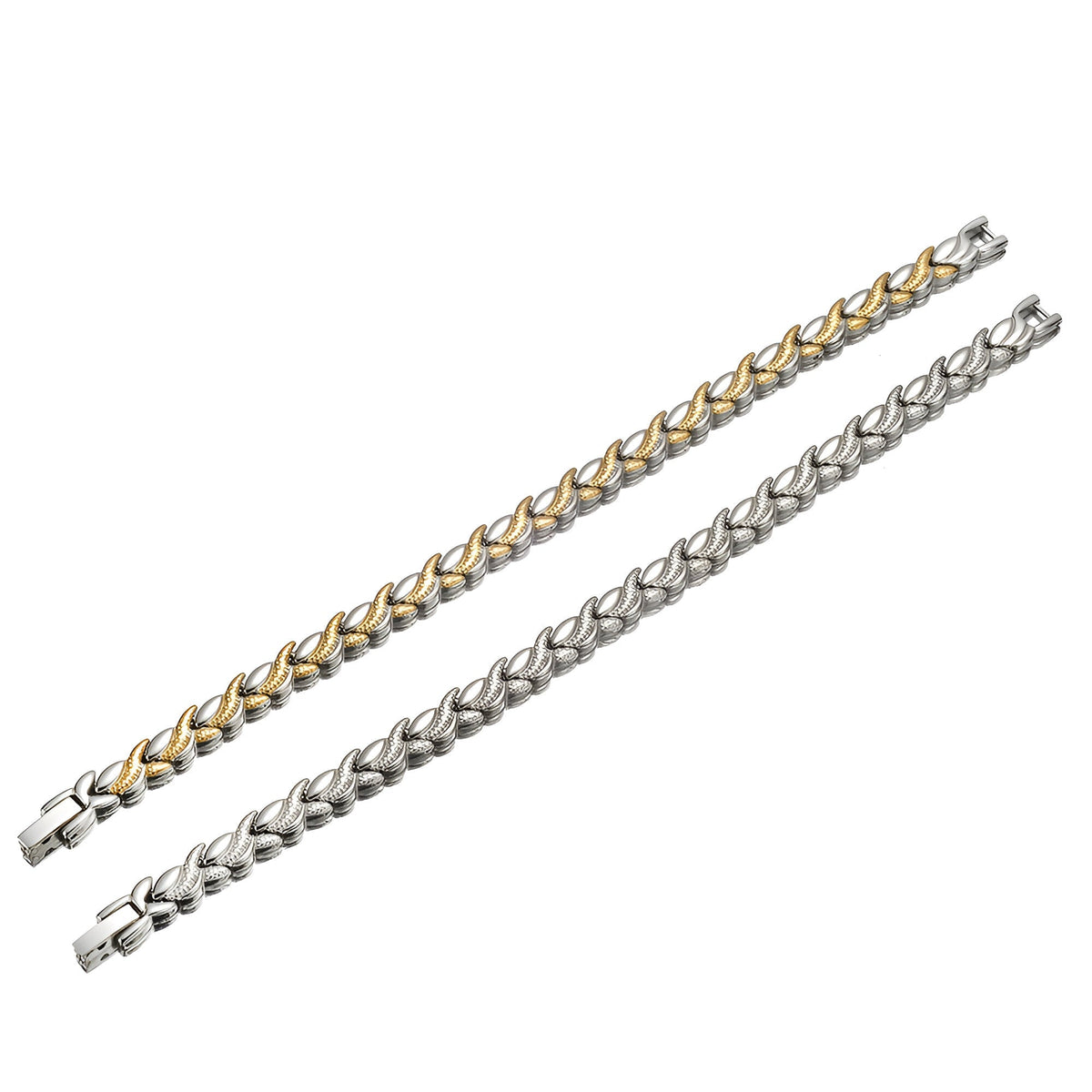 Bracelets magnétiques Elisiv en titane, designs élégants argent et argent avec doré, maillons fins.