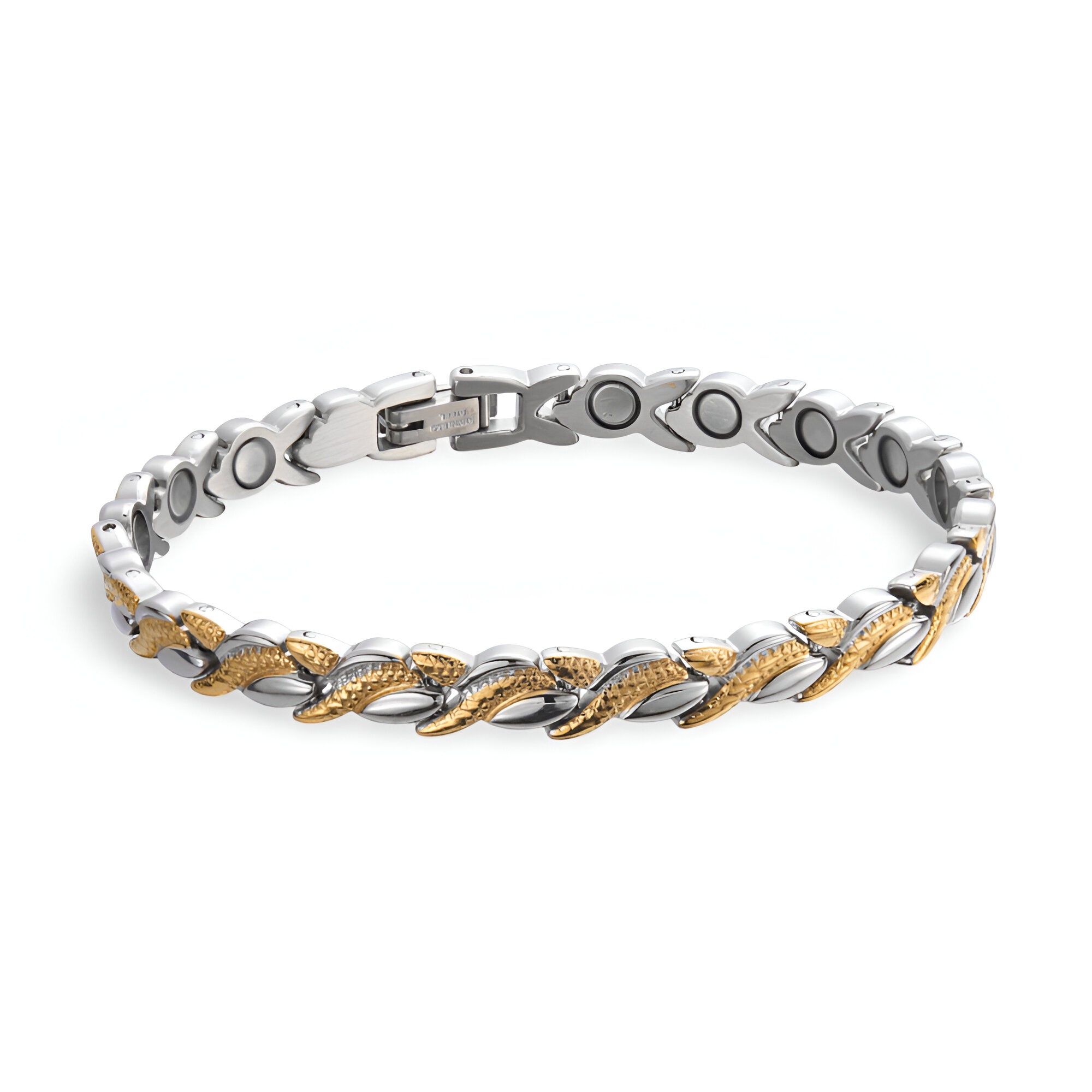 Bracelet magnétique en titane, motif tressé argent et or, fermeture sécurisée, modèle Elisiv pour femme.