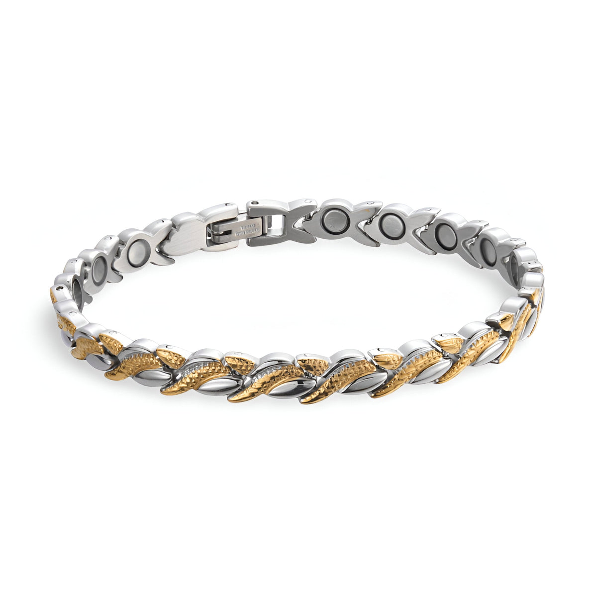Bracelet magnétique en titane, motif tressé argent et or, fermeture sécurisée, modèle Elisiv pour femme.