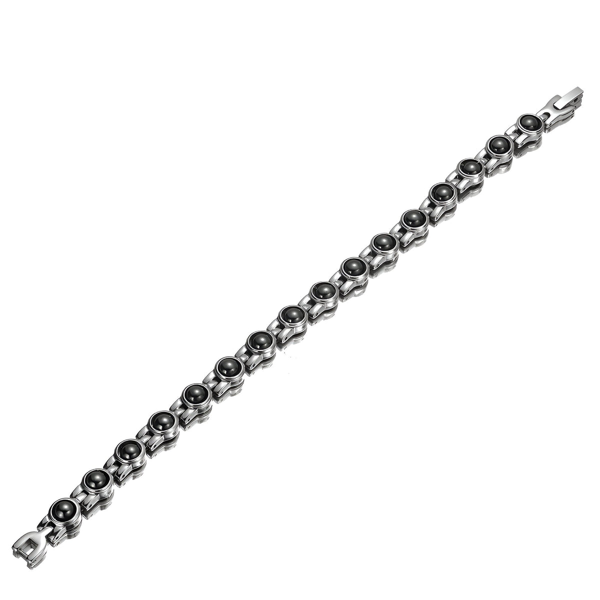 Bracelet femme en titane argenté avec maillons ronds et fermoir sécurisé.