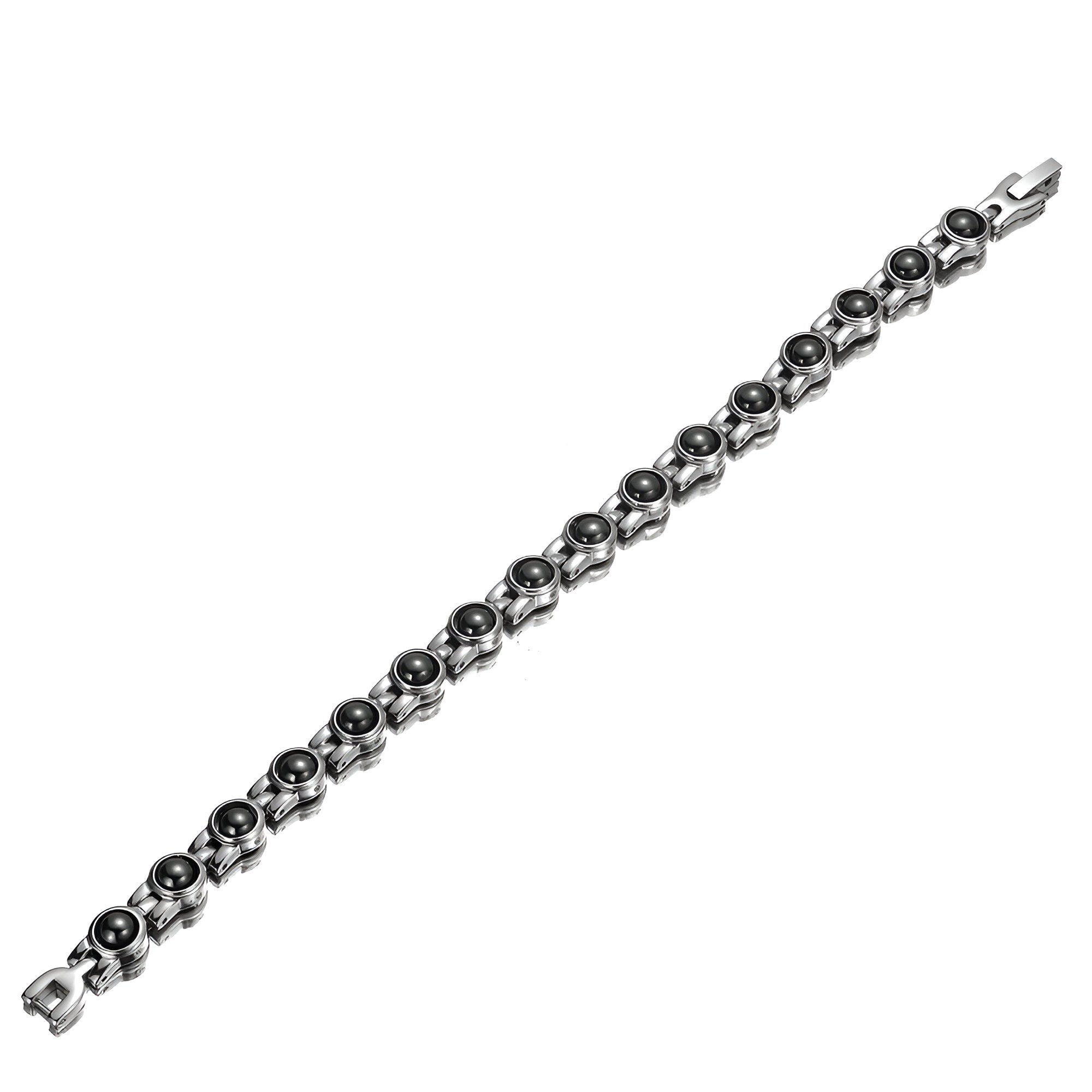 Bracelet femme en titane argenté avec maillons ronds et fermoir sécurisé.