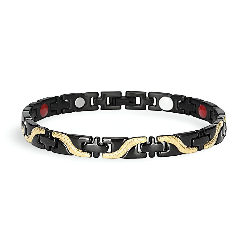 Bracelet magnétique fin en titane noir avec détails ondulés dorés pour homme.