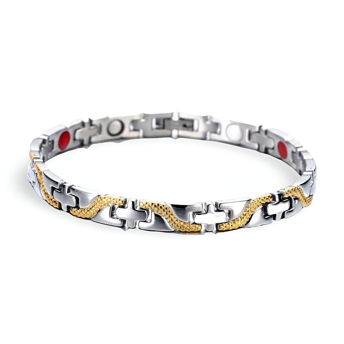 Bracelet homme magnétique en titane, argenté avec détails dorés texturés, modèle Arne.