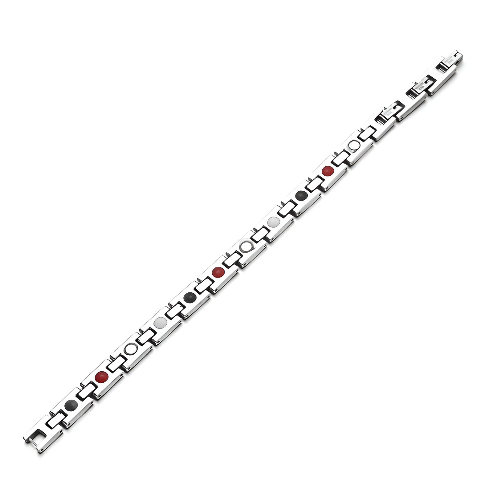 Bracelet magnétique en titane gris avec motifs de pattes d’animal et accents rouges.