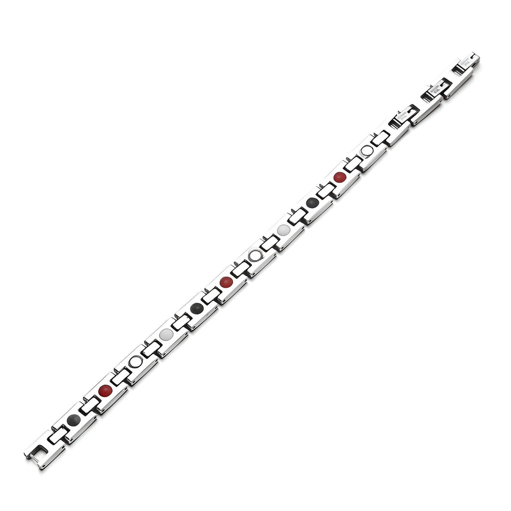Bracelet magnétique en titane gris avec motifs de pattes d’animal et accents rouges.