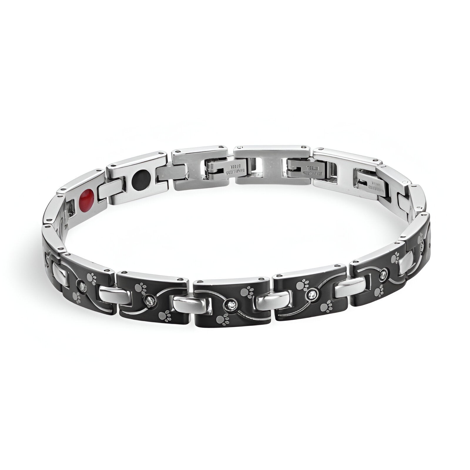 Bracelet magnétique en titane gris pour homme avec motifs pattes d'animal et maillons solides.