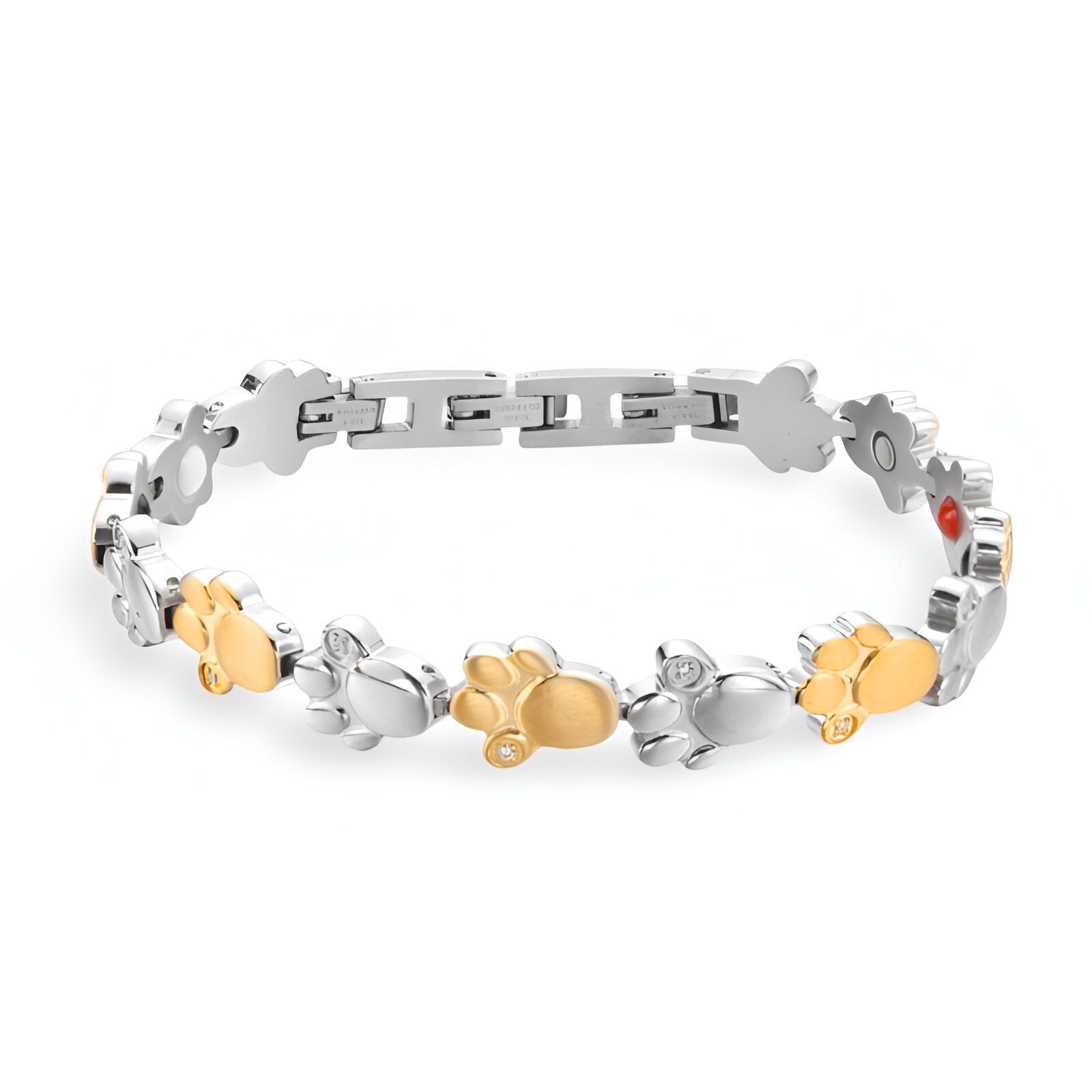 Bracelet pour homme en titane avec pattes d'animal alternant argent et or, style moderne et magnétique.
