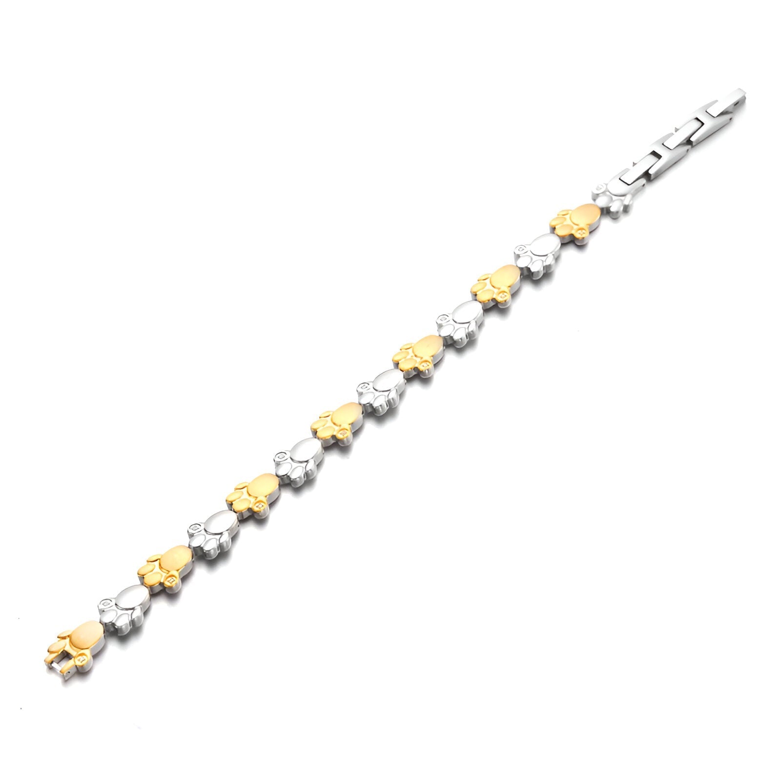 Bracelet pour homme en titane, maillons pattes d'animal alternés or et argent, style moderne et élégant.