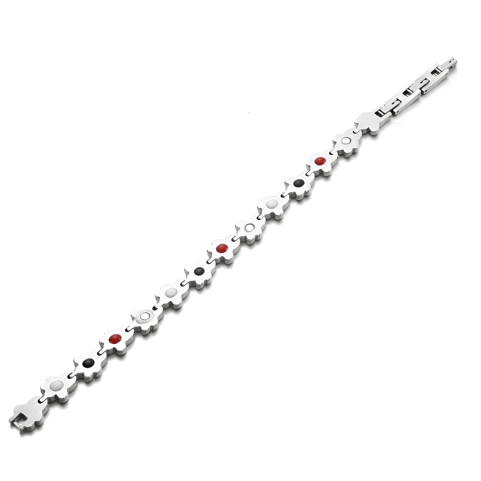 Bracelet magnétique en titane argenté avec motifs de pattes d'animal et détails rouges.