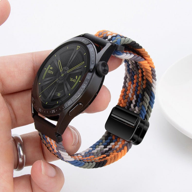 Bracelet magnétique en nylon tressé orange, gris et bleu pour Huawei Watch, taille ajustable.