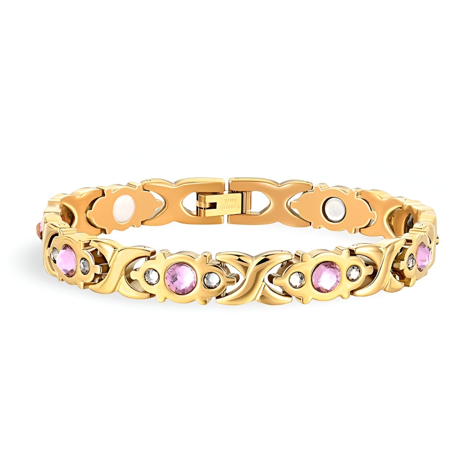 Bracelet magnétique en titane or serti de zirconium rose, design élégant pour femme.
