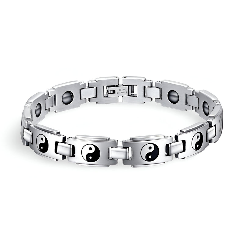 Bracelet en titane argenté pour homme avec motifs yin et yang noirs et blancs, style chaîne robuste.