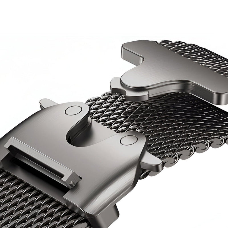 Bracelet maille milanaise en acier inoxydable gris avec fermoir tactique pour Apple Watch.