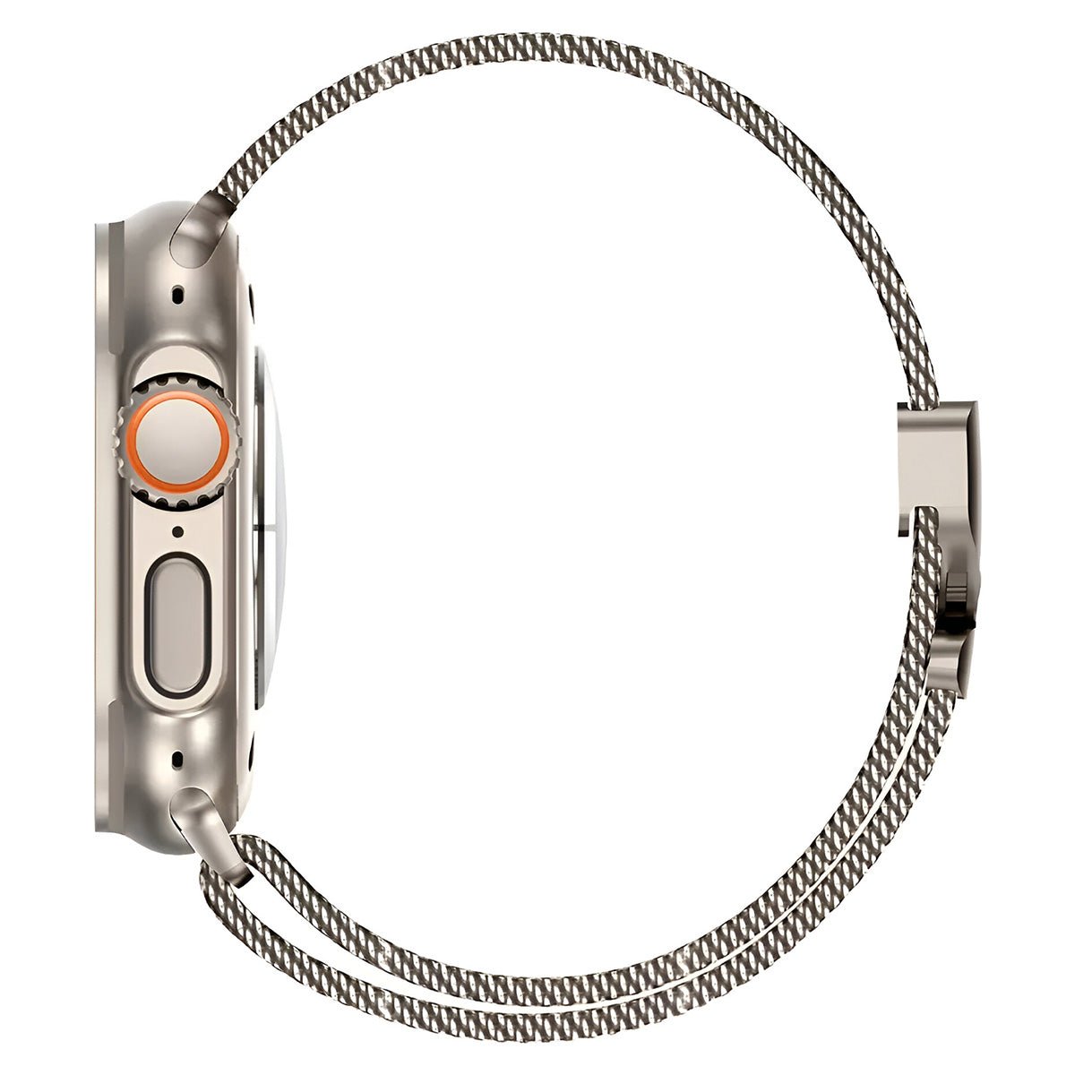 Bracelet maille milanaise titane acier inoxydable avec fermoir tactique pour Apple Watch, 38-42 mm, vue de côté.