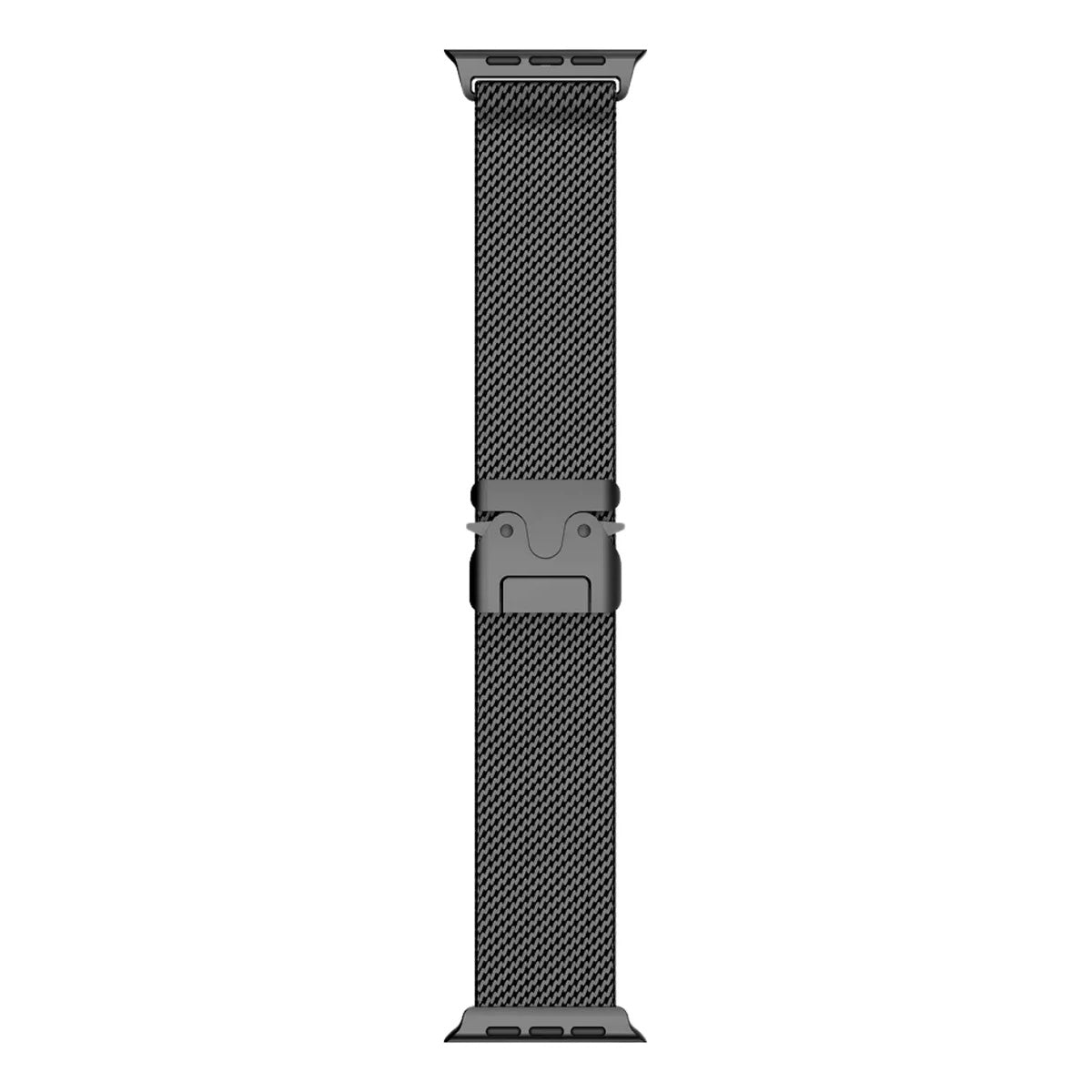 Bracelet maille milanaise noire en acier inoxydable avec fermoir tactique pour Apple Watch.