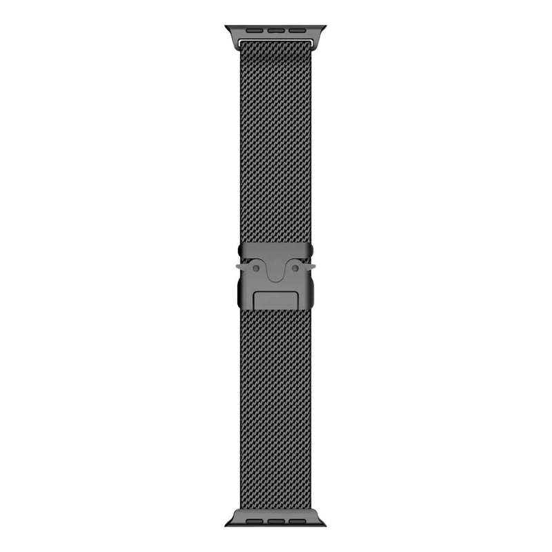 Bracelet maille milanaise noire en acier inoxydable avec fermoir tactique pour Apple Watch.