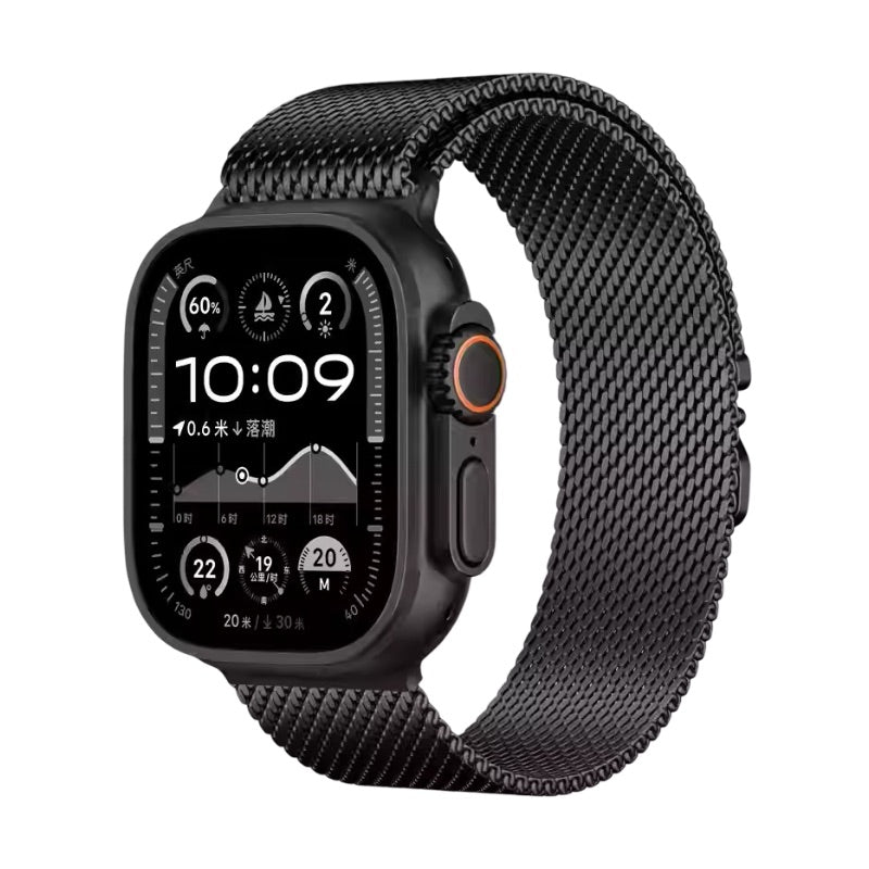 Bracelet maille milanaise noir en acier inoxydable pour Apple Watch avec fermoir tactique.