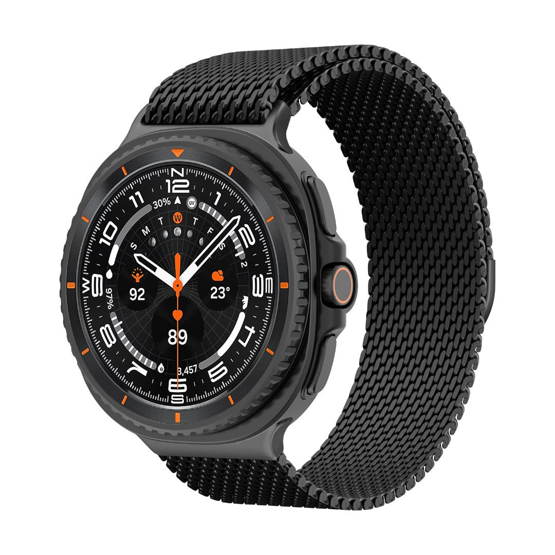 Bracelet milanais noir en acier inoxydable épais avec fermoir magnétique, compatible Galaxy Watch 8 et Ultra.