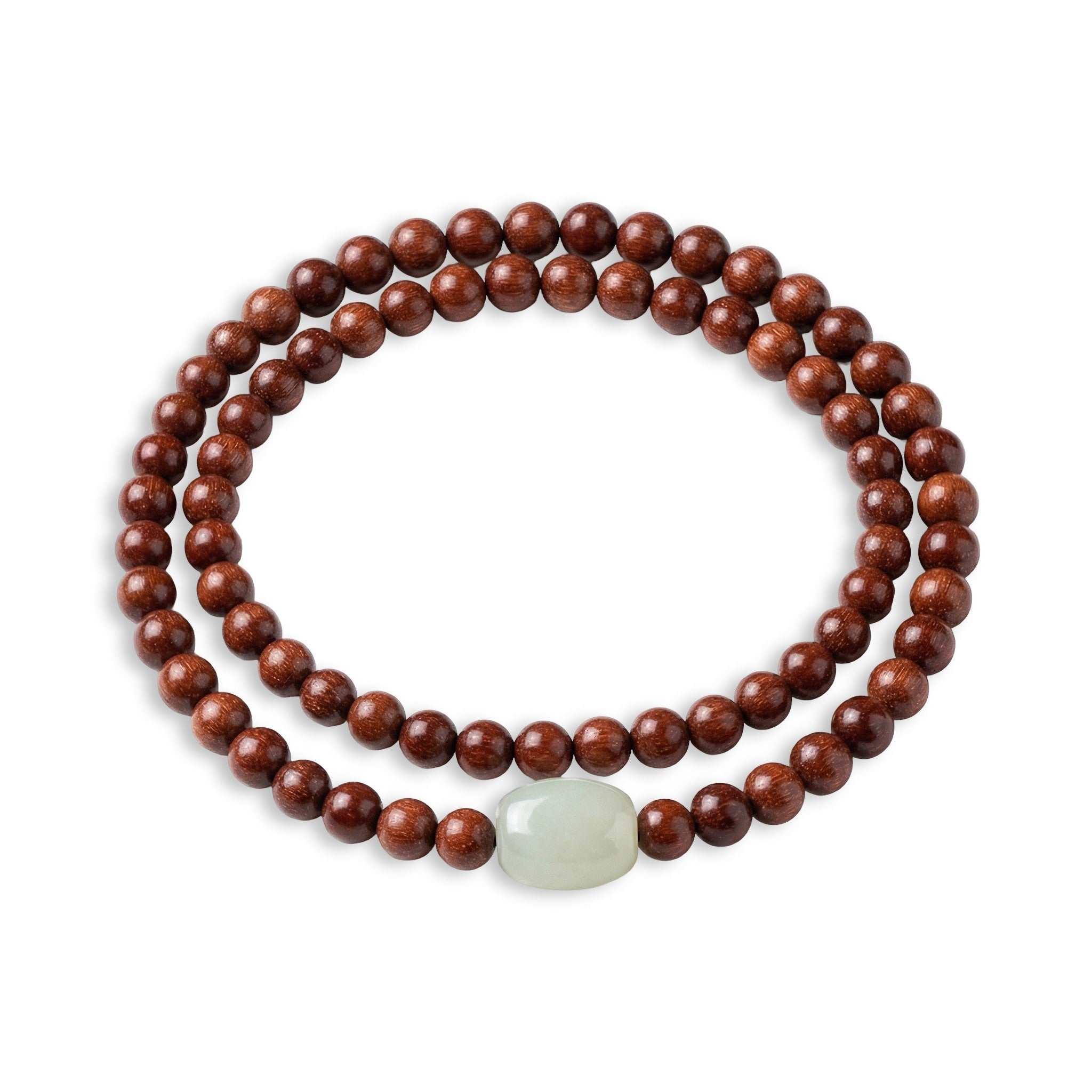 Tibetan Mala Bracelet in Sandalwood, Natural Jade Stone, Zen Elastic Jewelry for Meditation, Daily Wellness Accessory, model Nawang