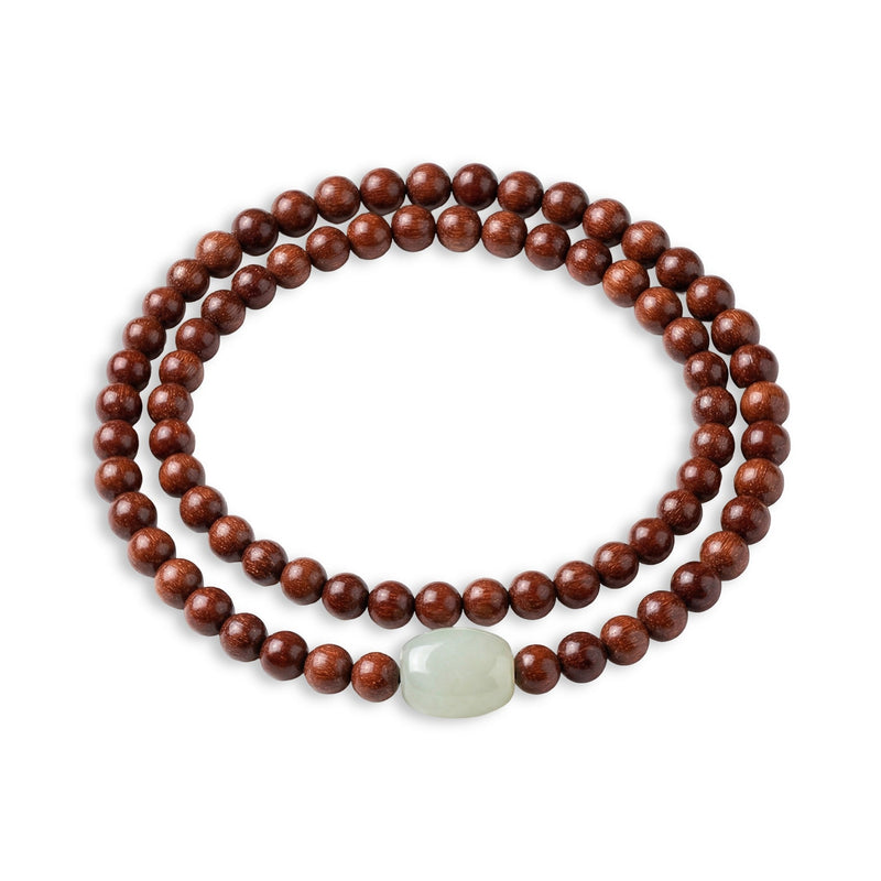 Tibetan Mala Bracelet in Sandalwood, Natural Jade Stone, Zen Elastic Jewelry for Meditation, Daily Wellness Accessory, model Nawang