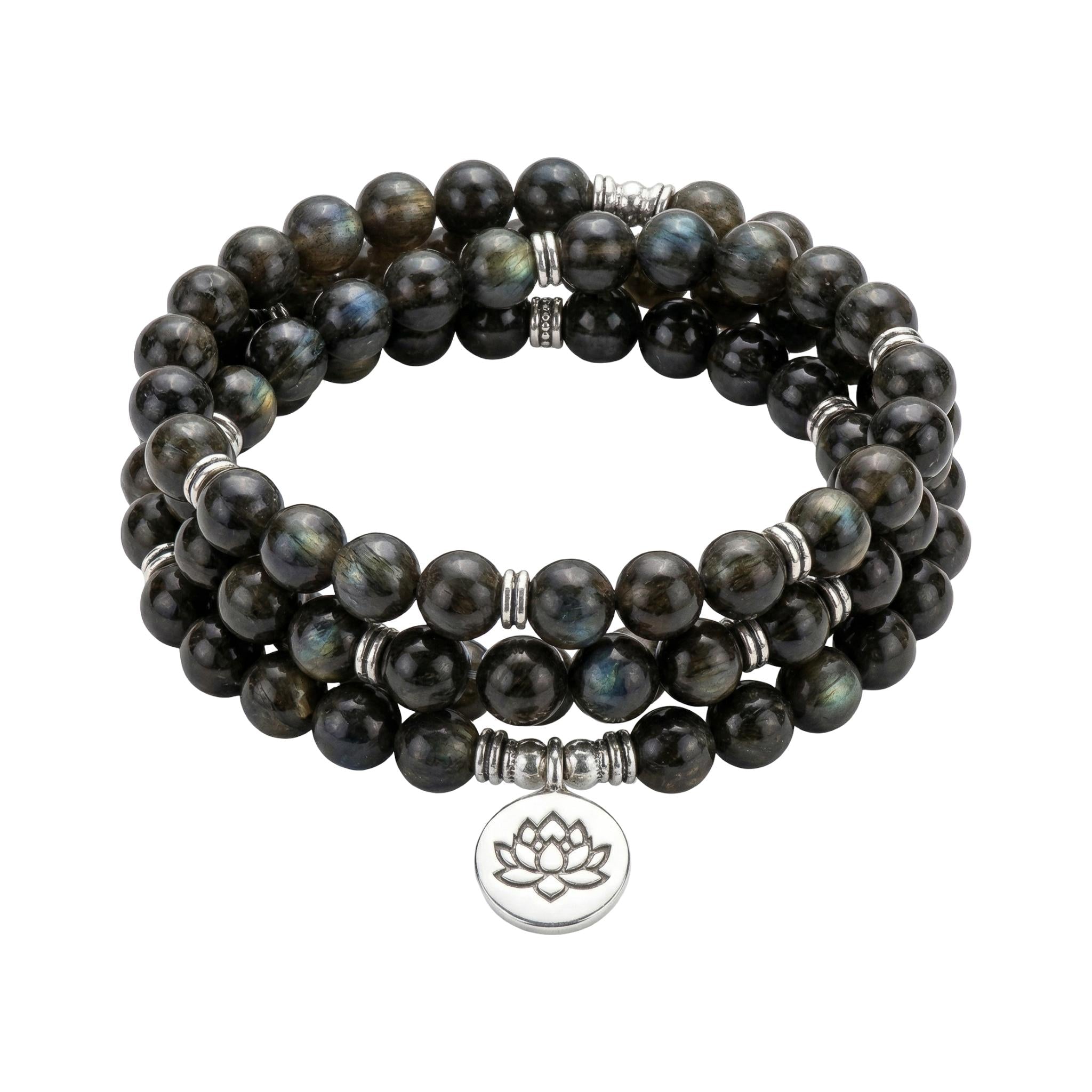 Bracelet mala tibétain en labradorite véritable, perles naturelles de méditation, bijou spirituel pour l'équilibre, talisman protecteur aux reflets bleutés, modèle Dawa