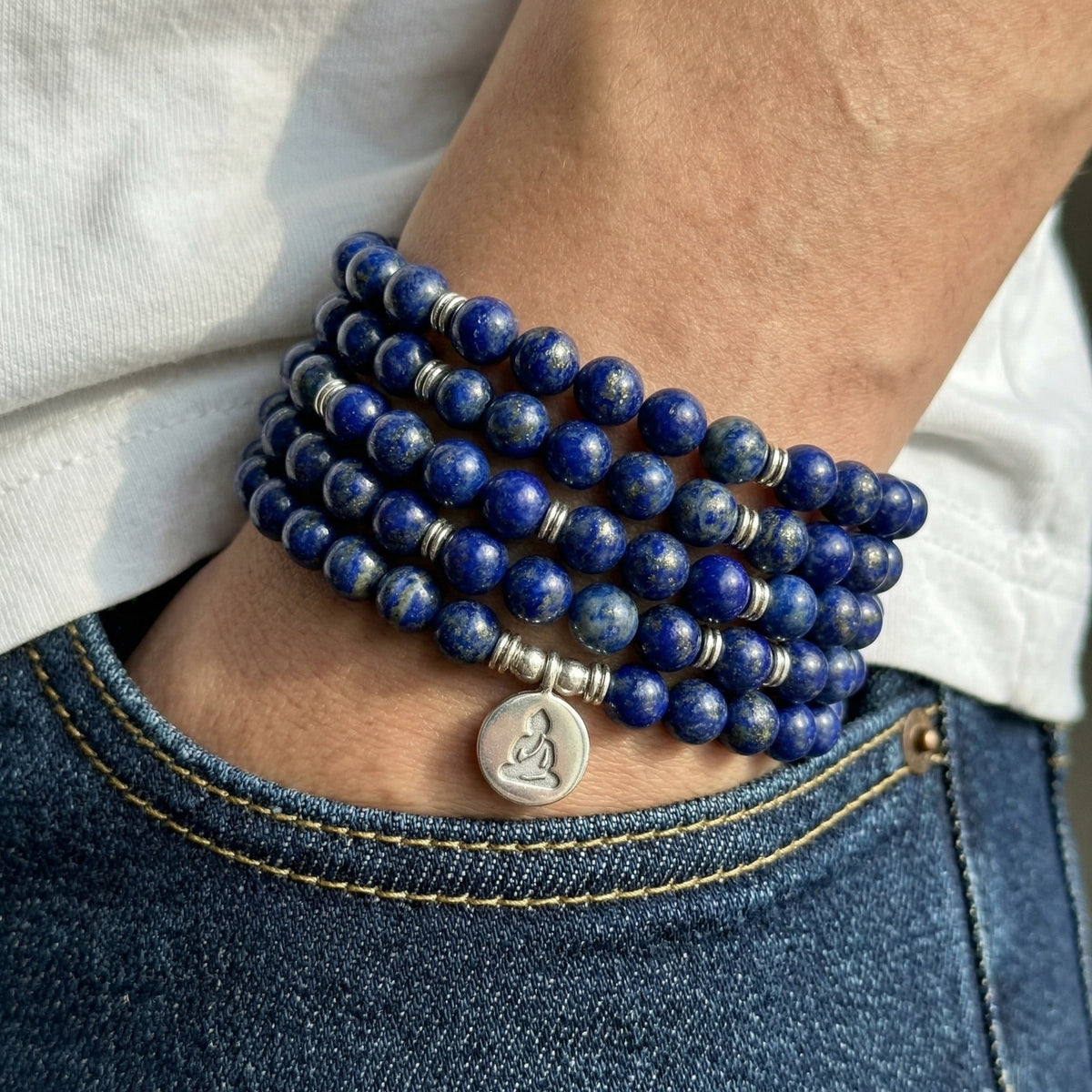 Bracelet Mâla tibétain 108 perles en lapis lazuli, pendentif spirituel au choix, modèle Karma