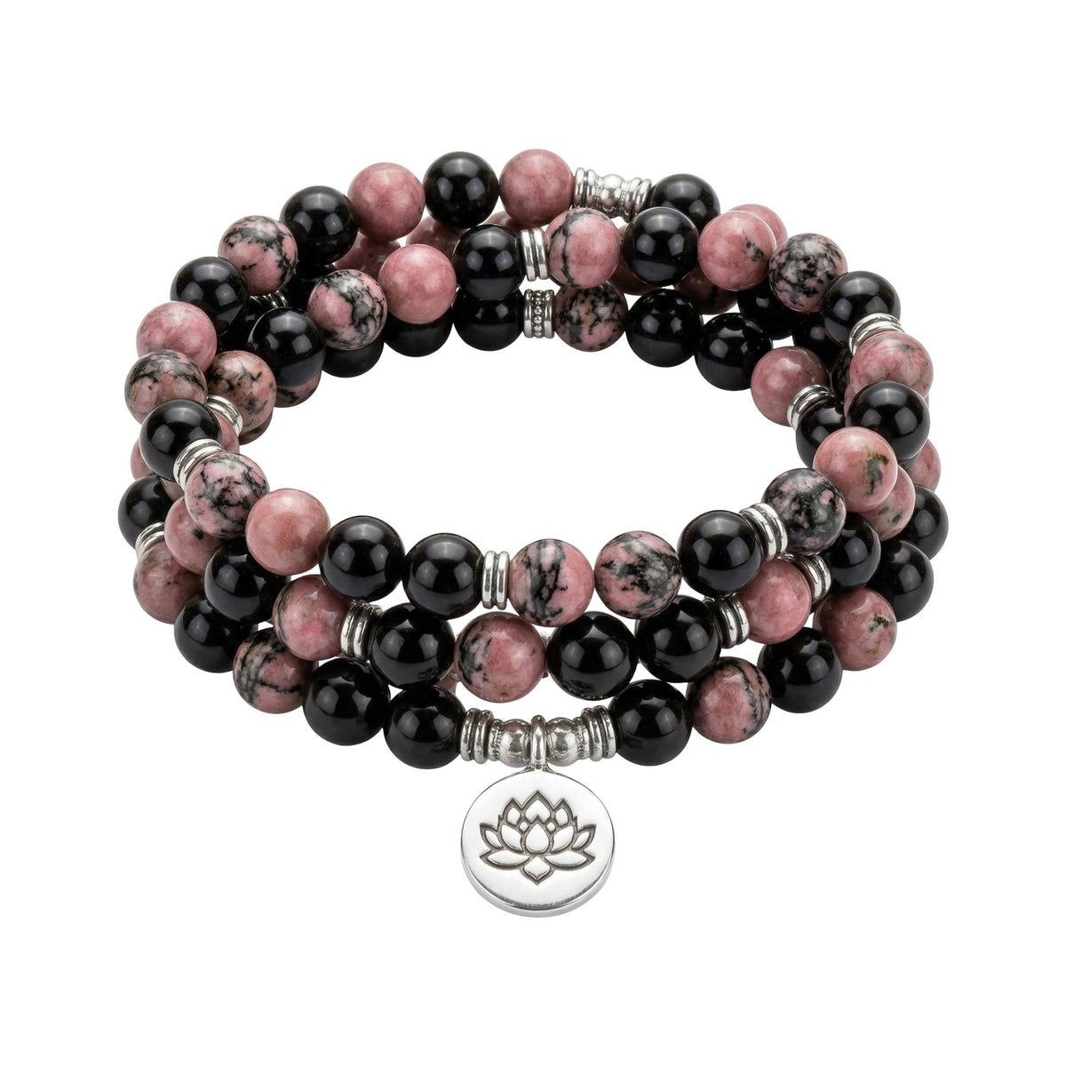 Tibetan mala bracelet in rhodonite and onyx beads, engraved pendant, Gyalsen model