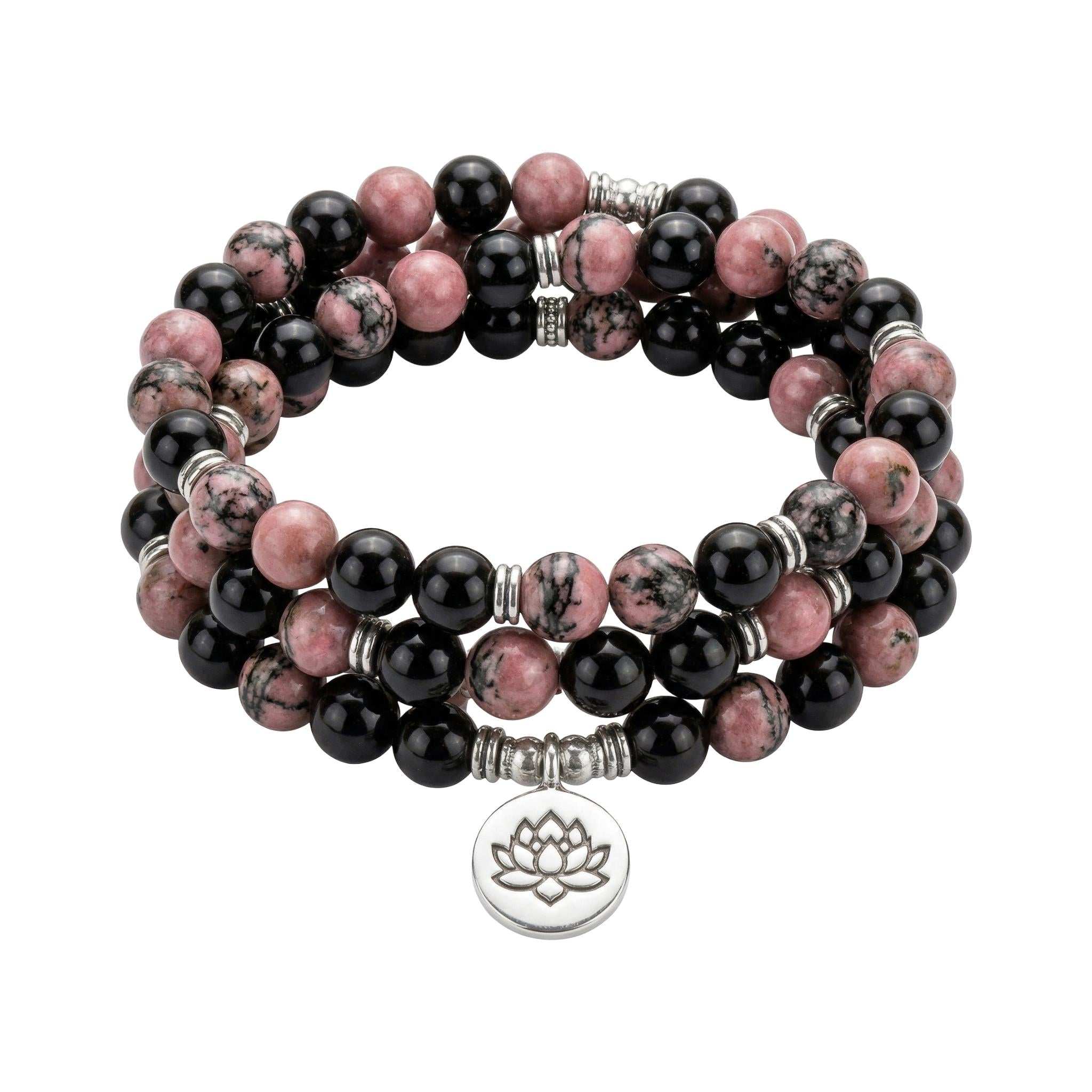 Tibetan Mala Bracelet with Rhodonite and Onyx Beads, Zen Jewelry for Meditation, Energy Balancing Accessory, Gyalsen Model