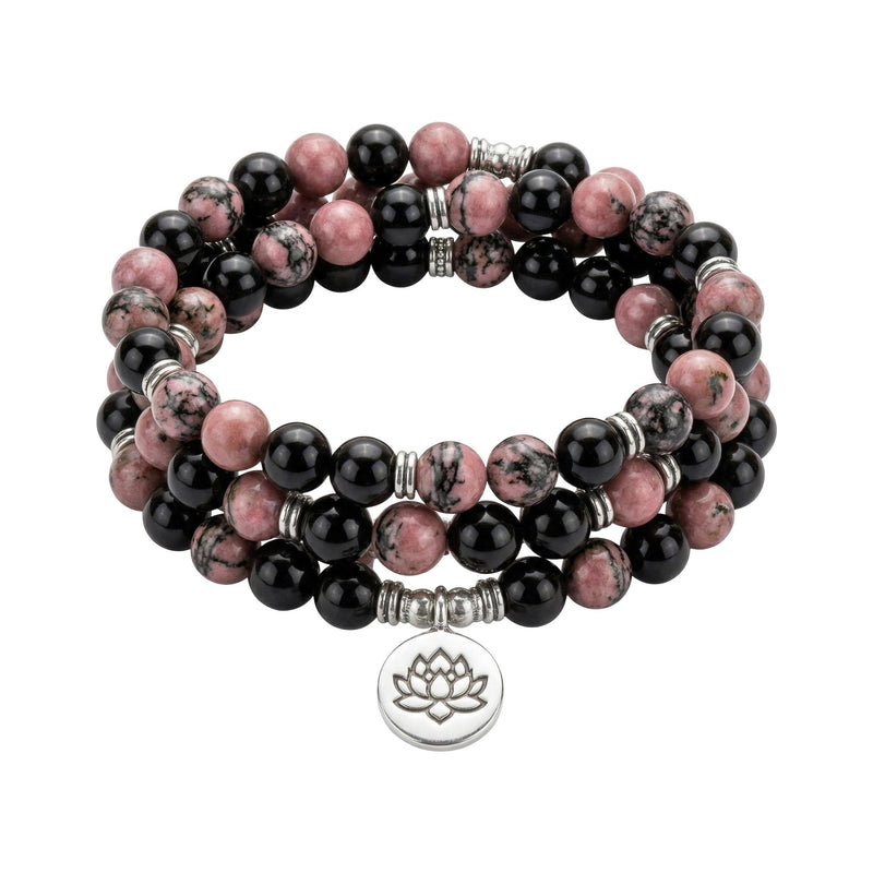 Bracelet mâla tibétain en perles de rhodonite et onyx, bijou zen pour la méditation, accessoire d'équilibre énergétique, modèle Gyalsen