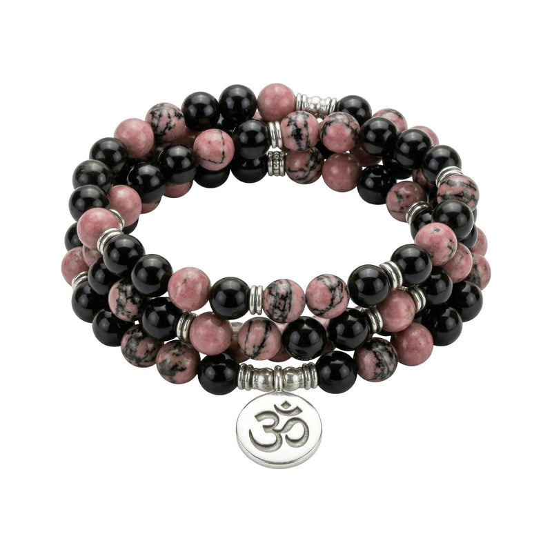 Bracelet mâla tibétain en perles de rhodonite et onyx, bijou zen pour la méditation, accessoire d'équilibre énergétique, modèle Gyalsen