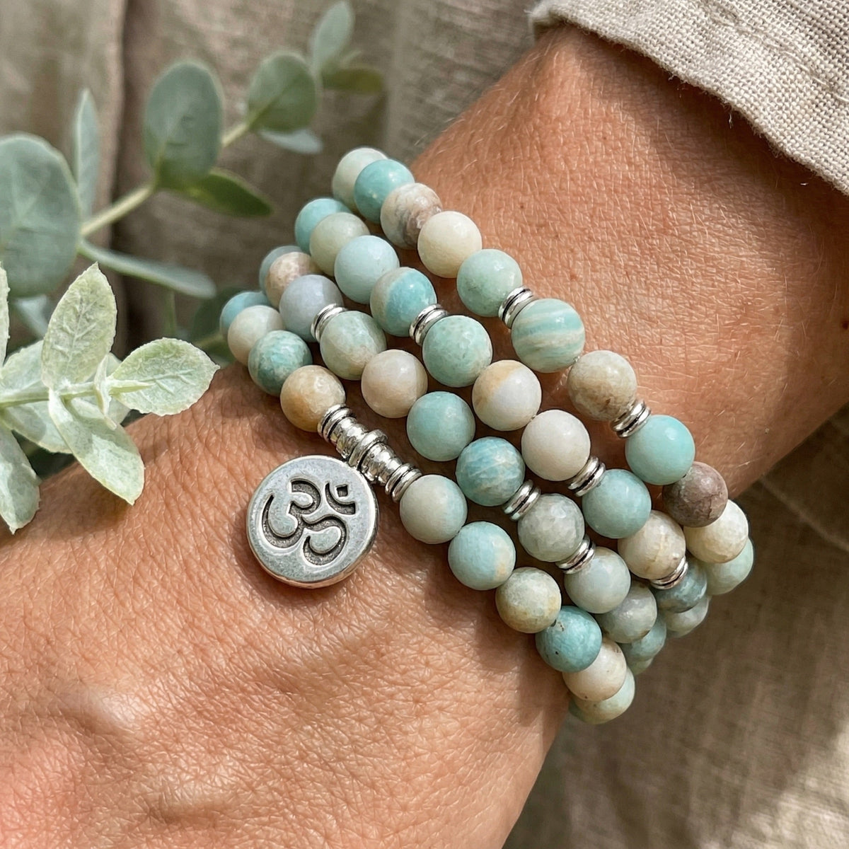 Bracelet Mâla tibétain en Amazonite, pendentif symbolique au choix, modèle Jinpa