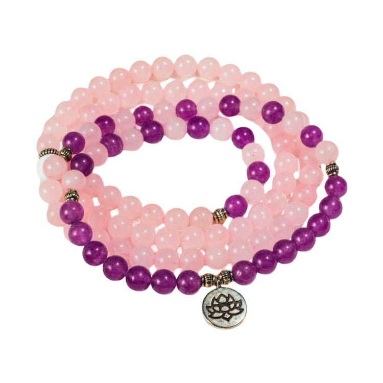 Tibetan Mala Bracelet in Rose Quartz and Amethyst, Multi-Wrap Jewelry for Women, Natural Beads with Lotus Pendant, Meditation and Wellness Accessory, Sashi Model