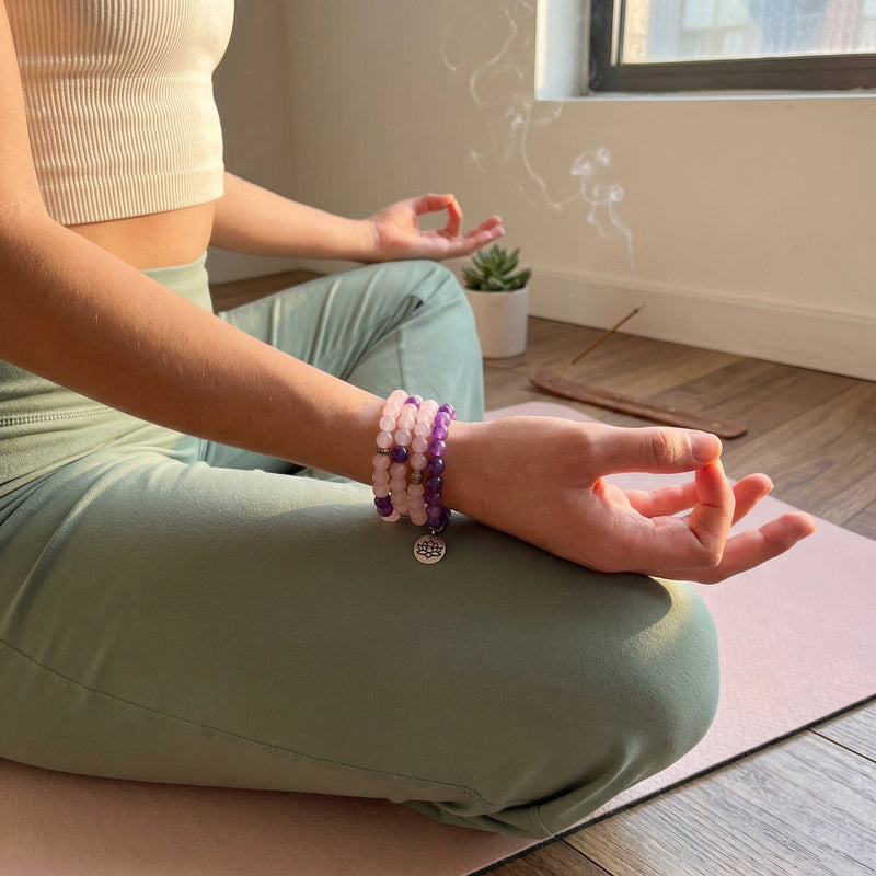 Tibetan Mala Bracelet in Rose Quartz and Amethyst, Multi-Wrap Jewelry for Women, Natural Beads with Lotus Pendant, Meditation and Wellness Accessory, Sashi Model