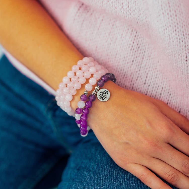 Tibetan Mala Bracelet in Rose Quartz and Amethyst, Multi-Wrap Jewelry for Women, Natural Beads with Lotus Pendant, Meditation and Wellness Accessory, Sashi Model
