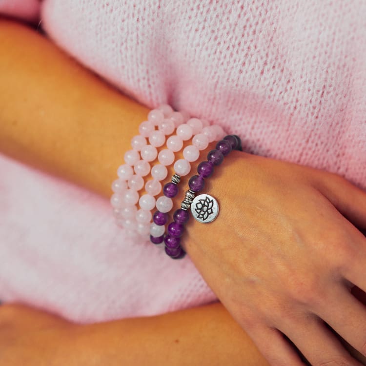 Tibetan Mala Bracelet in Rose Quartz and Amethyst, Multi-Wrap Jewelry for Women, Natural Beads with Lotus Pendant, Meditation and Wellness Accessory, Sashi Model