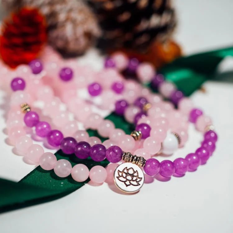 Tibetan Mala Bracelet in Rose Quartz and Amethyst, Multi-Wrap Jewelry for Women, Natural Beads with Lotus Pendant, Meditation and Wellness Accessory, Sashi Model