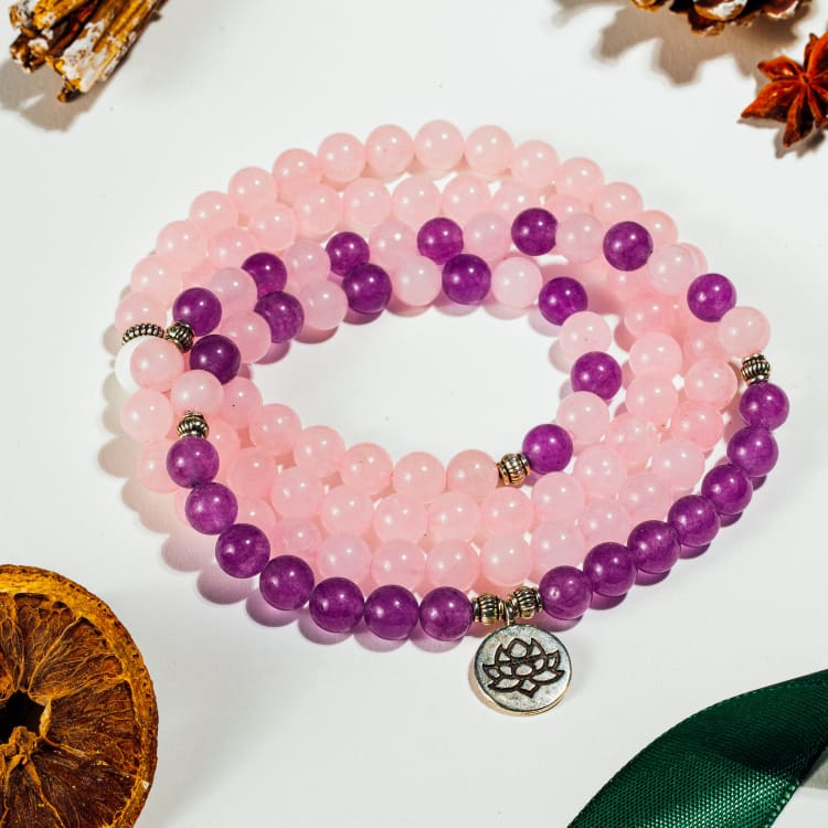Tibetan Mala Bracelet in Rose Quartz and Amethyst, Multi-Wrap Jewelry for Women, Natural Beads with Lotus Pendant, Meditation and Wellness Accessory, Sashi Model