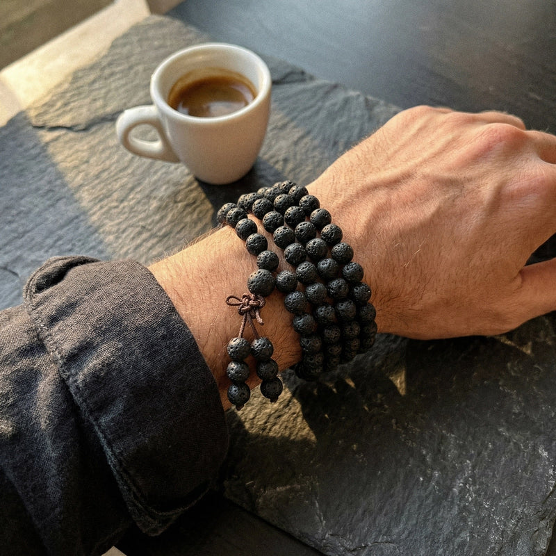 Tibetan Mala Bracelet, volcanic rock energy, porous round beads, balance and serenity, Nuba model