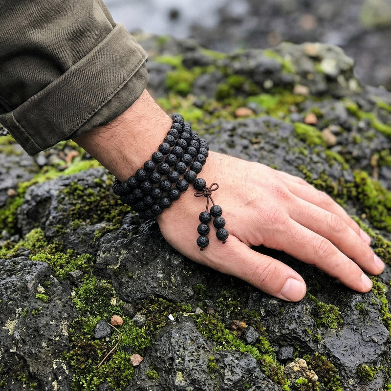 Tibetan Mala Bracelet, volcanic rock energy, porous round beads, balance and serenity, Nuba model
